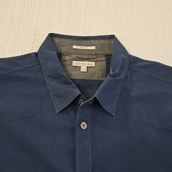 Calvin Klein Jeans Shirt Men's L Navy Blue Plaid Button Down Pockets EUC Luxe - Picture 7 of 15